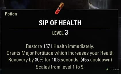 In-game tooltip for Sip of Health showing the Restore Health effect and Major Fortitude buff