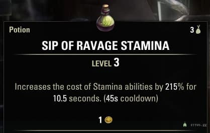 In-game tooltip for Sip of Ravage Stamina showing the increase to stamina ability cost