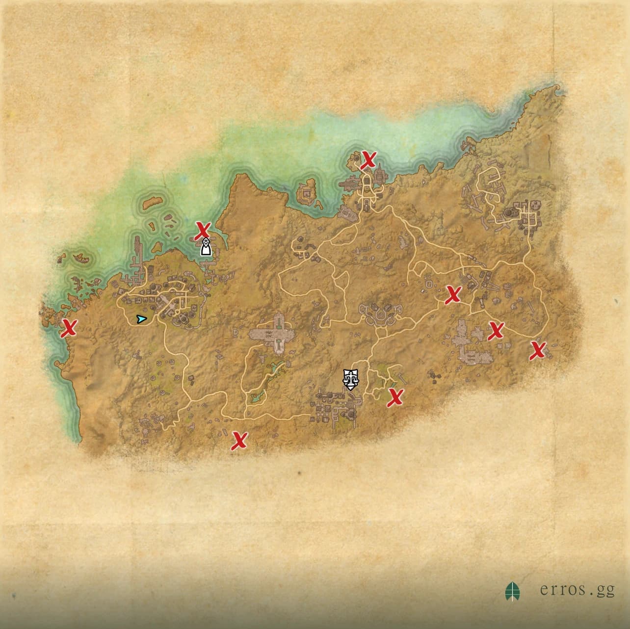 Alik'r Desert zone map with all six treasure chest locations marked