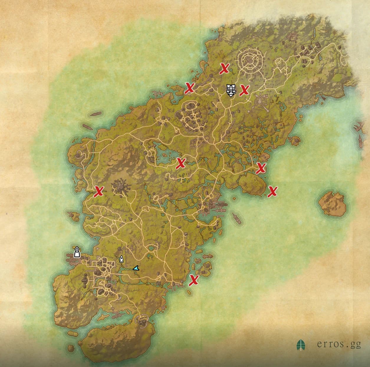 Glenumbra zone map with all treasure chest locations marked